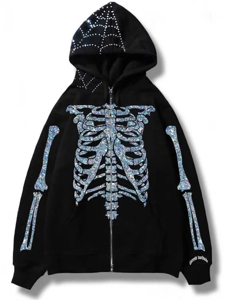 Herrtröjor tröjor y2k diamantjacka faller långärmad hoodie tröja kvinnors reflekterande glitter zipup hoodie strass spindel web zip cardigan g230328