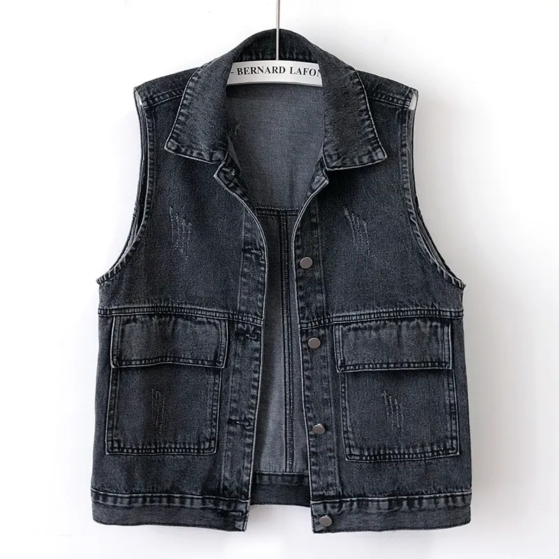 Gilets pour femmes Printemps Été Femmes Denim Gilet Lâche Coréenne Poche Sans Manches Veste Casual Jeans Gilet Femme Top Chaleco Mujer 5XL 230328