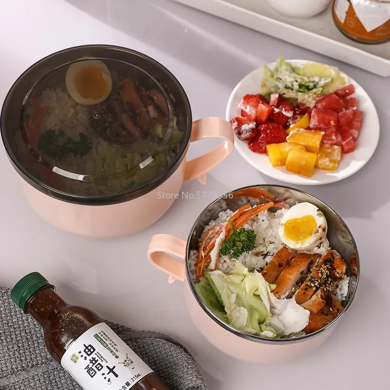 Cuencos Tazón de acero inoxidable 304 con tapa Dormitorio para estudiantes Sopa de fideos instantáneos Estilo japonés Caja de almuerzo linda Juego de vajilla