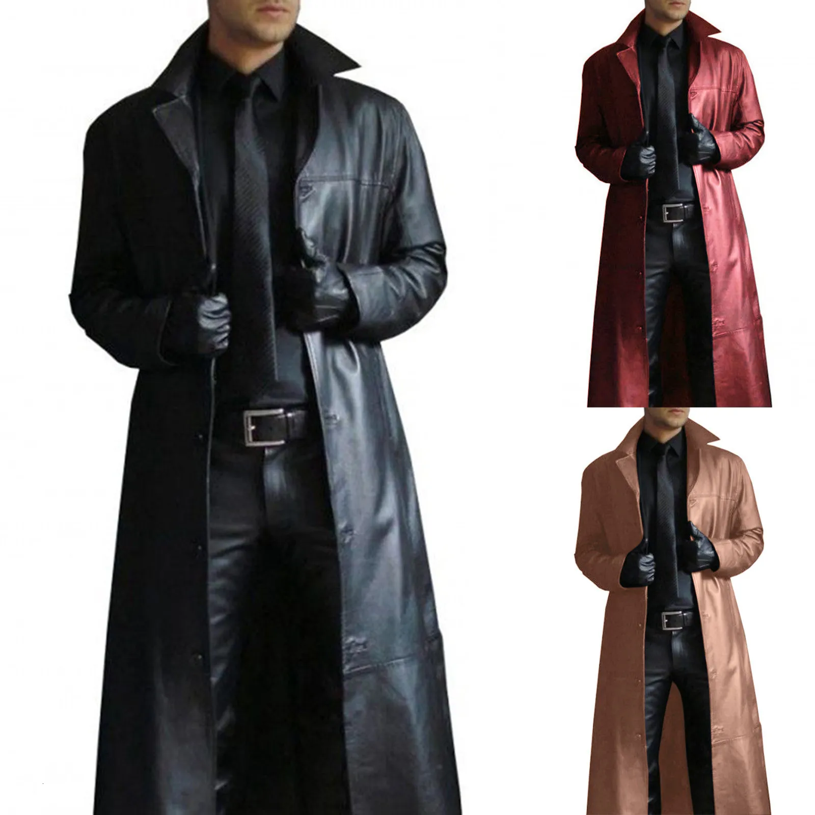 Men's Leather Faux Trench Coat Vintage British Style Windbreaker Handsome Solid Color Slimfit Overcoat Long Jacket Plussize Outwear 230328