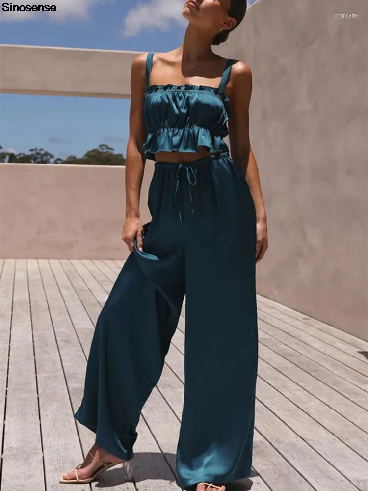 Women's Two Piece Pants Womens 2 Pieces Outfits Ruffles Crop Top Drawstring High Waist Wide Leg Suits Casual Summer Beach Satin Sets