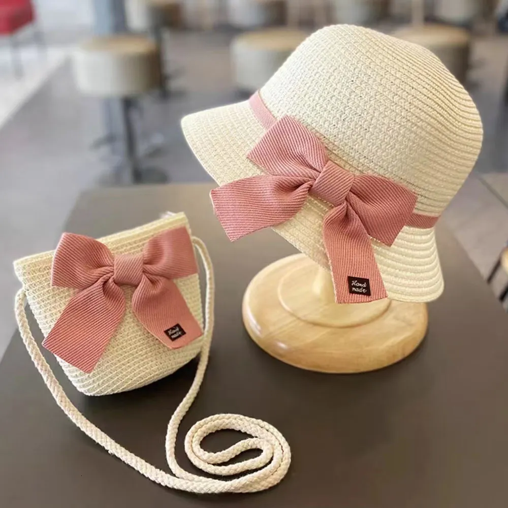 Cappelli cappelli per bambini ragazze grandi larghezza di paglia brim tessuto da sole panama beach cappello bowknot estate floppy berretto da berretto portatile sacca 230328