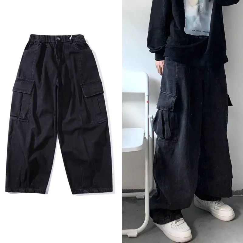 Men's Pants DEEPTOWN Baggy Cargo Jeans Men Loose Oversize Denim Male Black Wide Leg Trousers Retro Casual Japanese Streetwear Hip Hop 230328