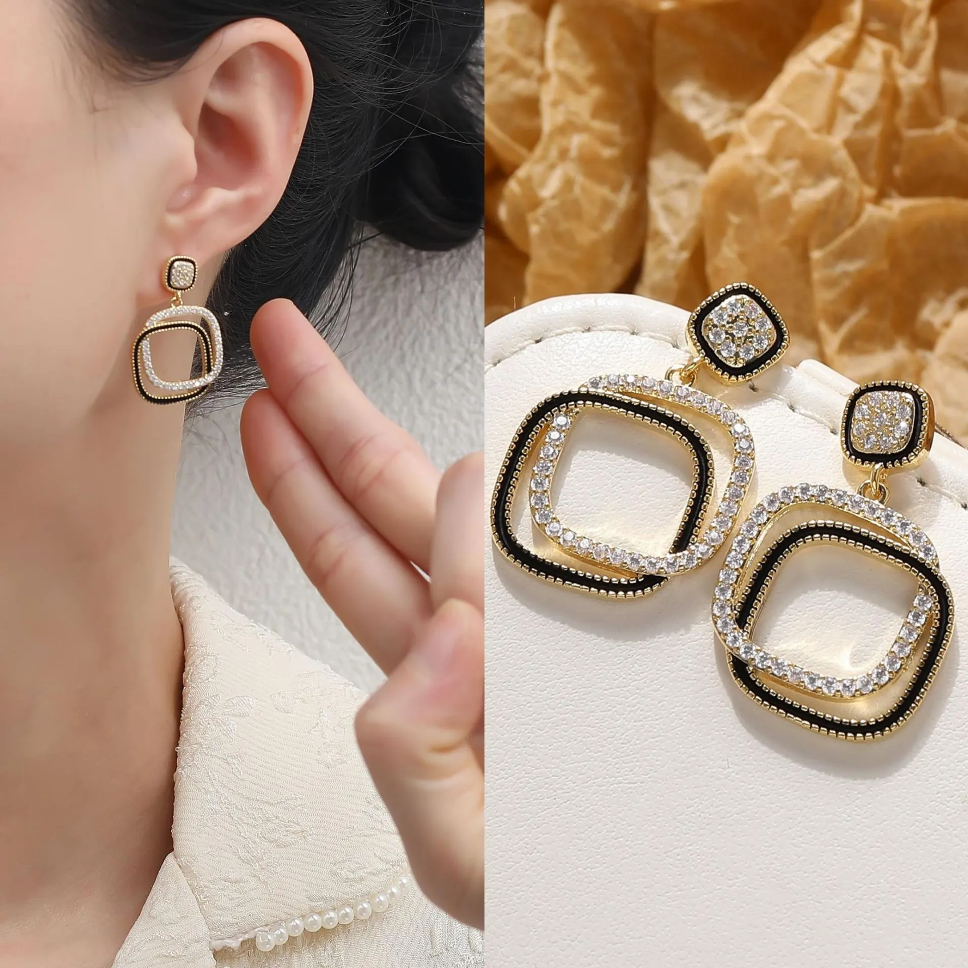 Ihålig långörhänge trendig utredning pärla strassörar för kvinnor mode smycken tillbehör