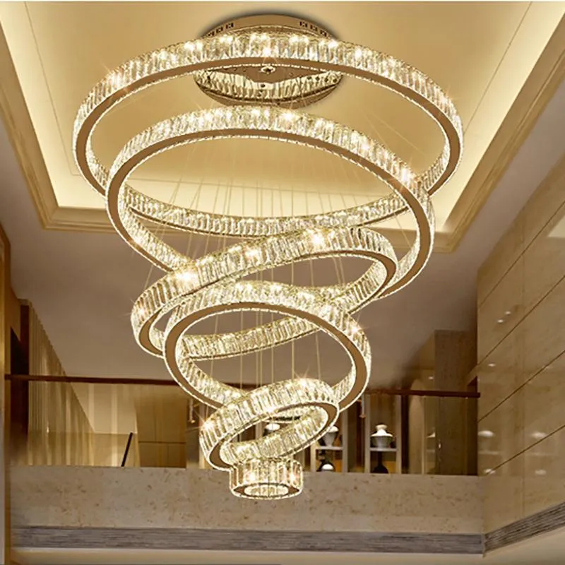 6 anneaux luxe moderne lustre éclairage grand escalier lumière LED cristal lampe décoration de la maison luminaires