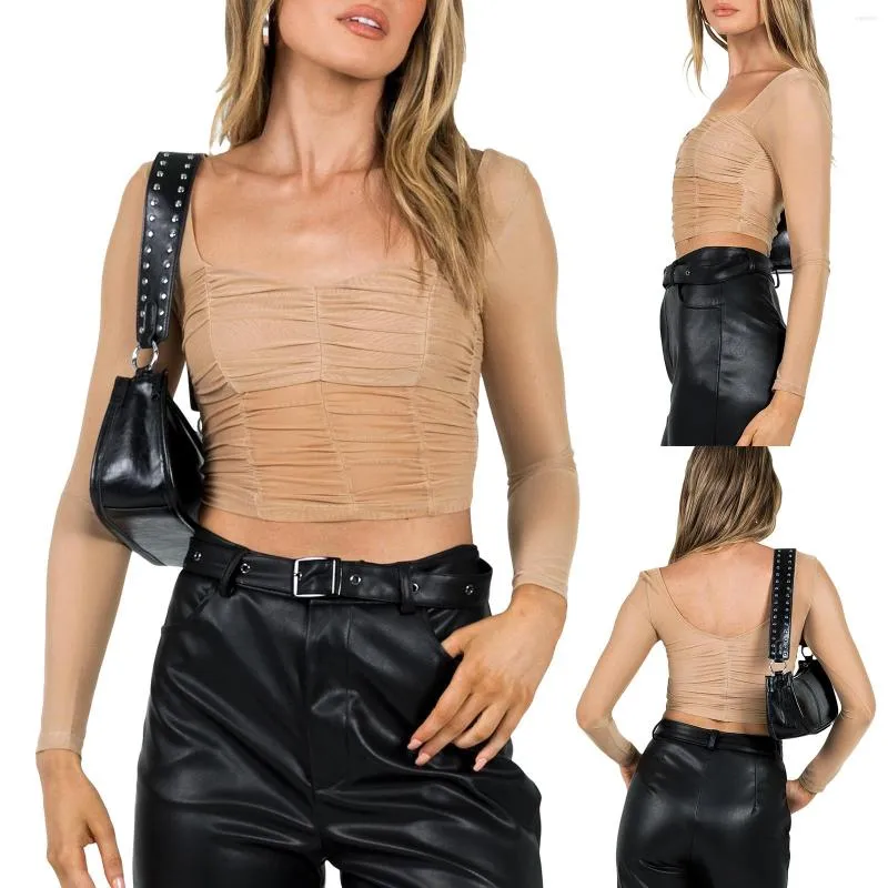 Damestanks Women Fashion See-through Mesh Tank Tops Casual Long Sleeve geplooide pullover Cropted Club Streetwear