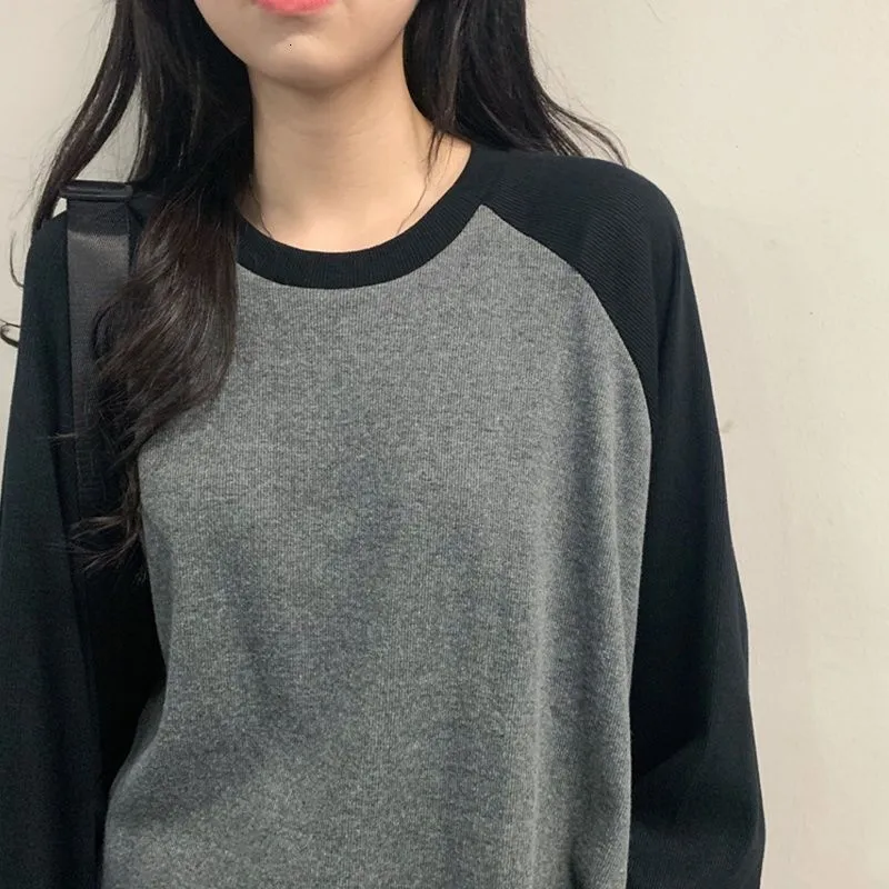 여자 Tshirt 여자 Tshirt round neck contrast 컬러 긴 슬리브 여성 스플 라이스 스플 라이스 작업 tshirt 230329