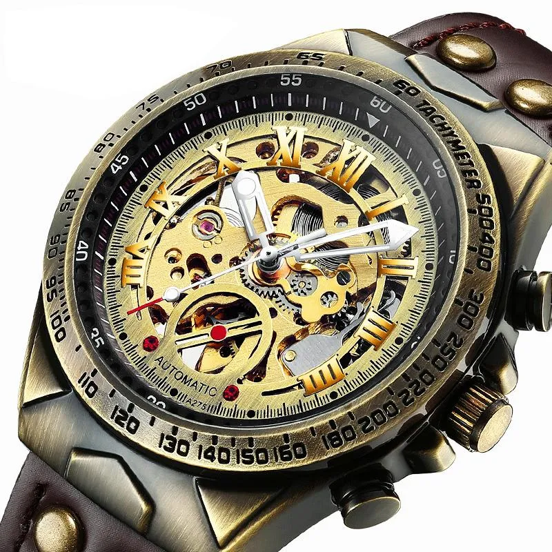 Wristwatches Antique Vintage Design Automatic Skeleton Mechanical Watch Brass Men's Wristwatch Steampunk Leather Relogio Masculino