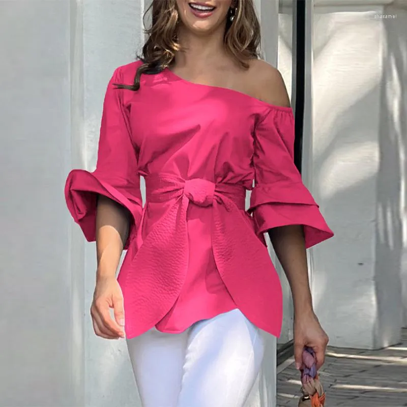 Women's Blouses Chic Fashion Skew Collar Office Lady Blouse Spring One Shoulder Flare Sleeve Solid Top Pullover Summer Lace-up Bow Street