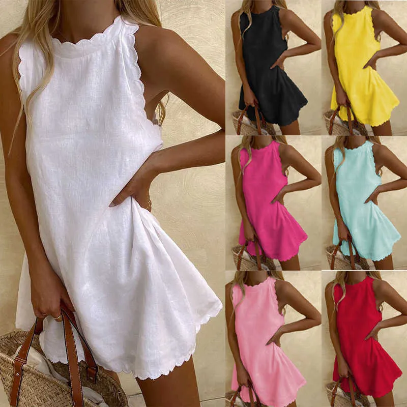 2023 Nya kvinnors casual klänningar bomullslinne fast färg ärmlös väst sommarklänning broderad rufsad kjol