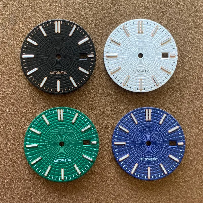 Relógio kits de reparo Ferramentas de 31,8 mm Dial modificado NH35 Luminoso verde para movimento pregos de tira de prata dourada com o logotipo S