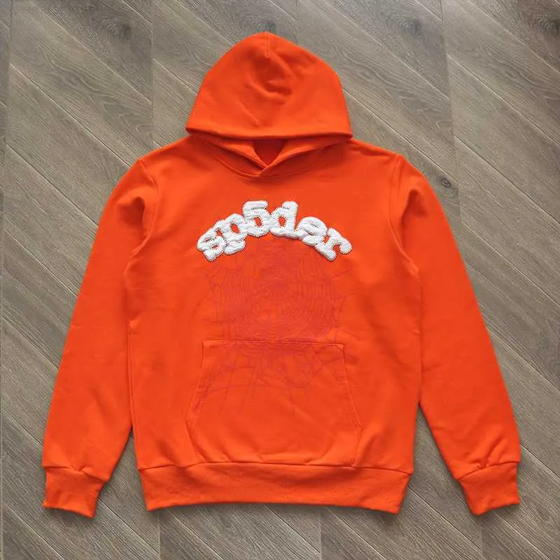 Erkek Hoodies Sweatshirts 22FW Üst Turuncu SP5der 555555 Kapüşonlu Sweatshirtler Köpük Baskı Genç Thug Cep Spiderweb Günlük Büyük Boy Hoodies