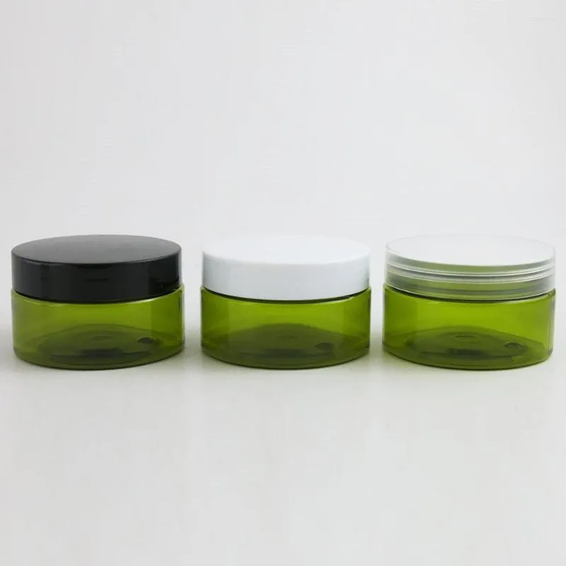 Garrafas de armazenamento 20 x 100g 3,33 oz de verde verde médio plástico jarro de cosméticos 100cc embalagens com tampas claras brancas pretas selo