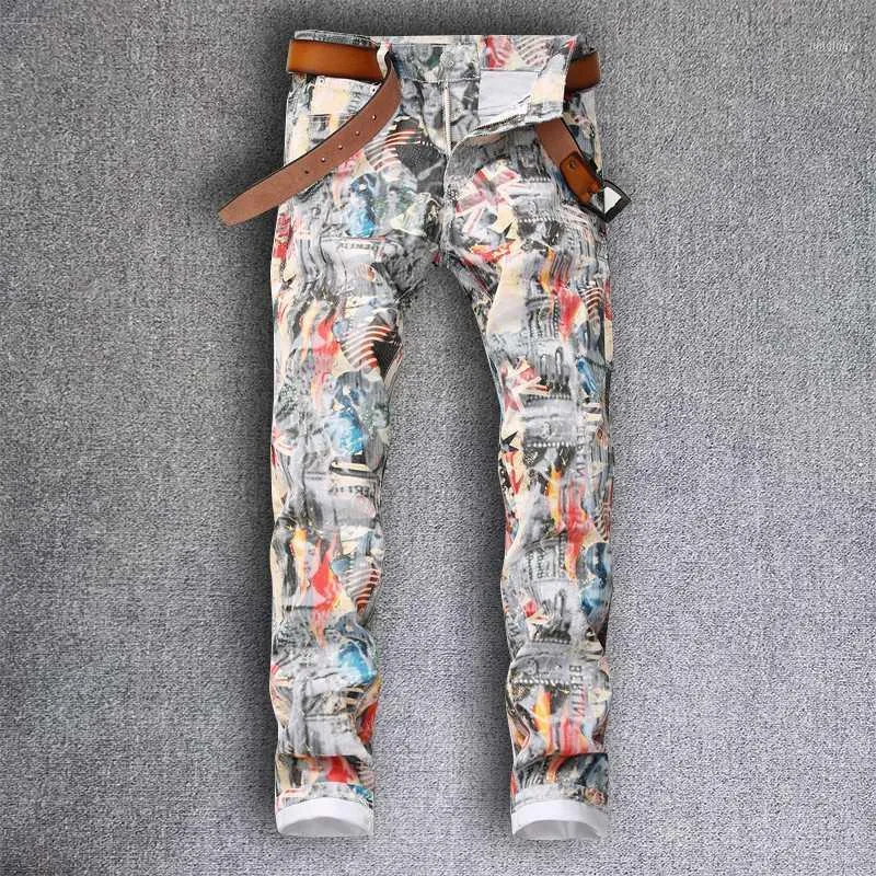 Męskie dżinsy jeansowe moda moda 3D drukowana białe szczupły fit odcinek Pencil Pants Hip Hop Men Vaqueros Hombre dla
