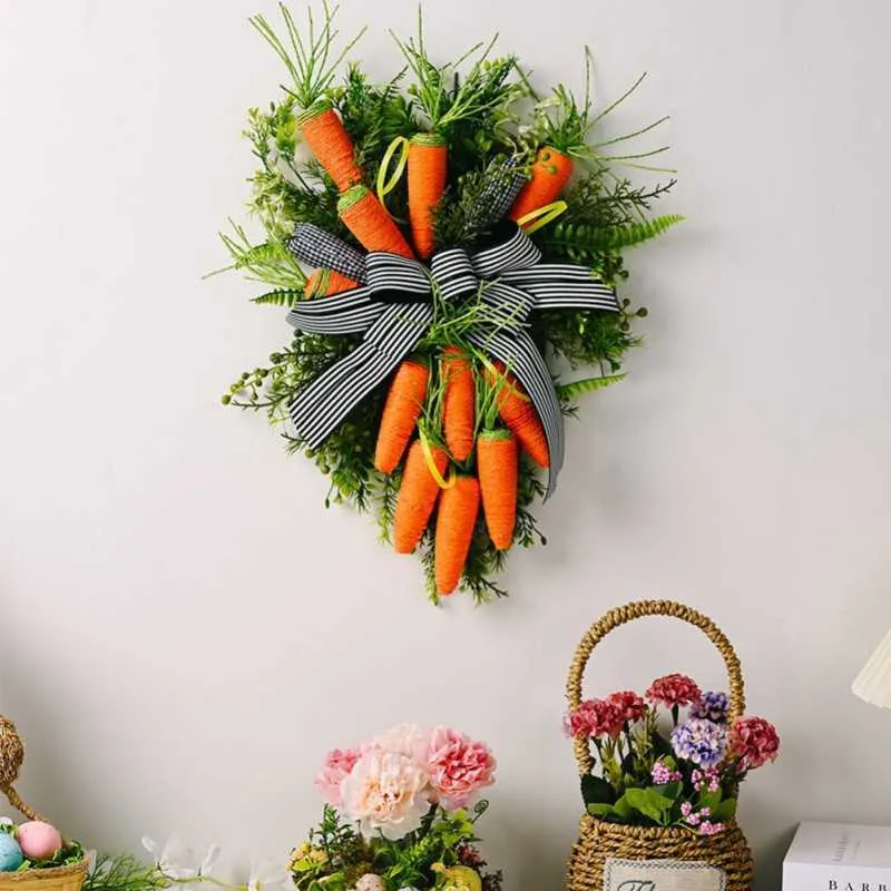 Decorative Flowers Wreaths Easter Decoration Carrot and Green Leaves For Front Door Wall Garland With Plaid Ribbon Bowknot P230310