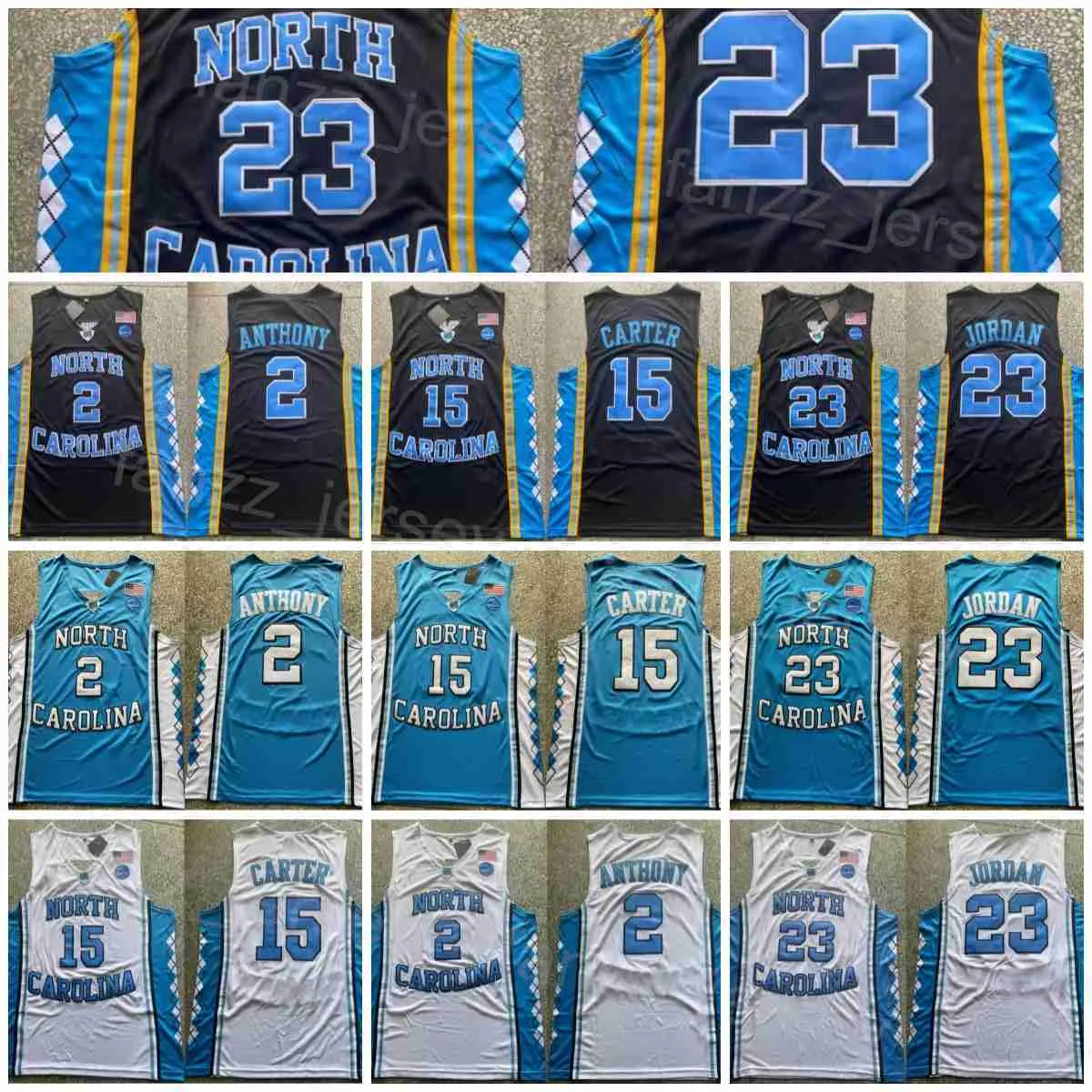 North Carolina Tar Heels Jerseys College Basketball 2 Cole Anthony Vince Carter 15 Michael 23 University Team Color Black Blue White Brodery Sport Shirt NCAA