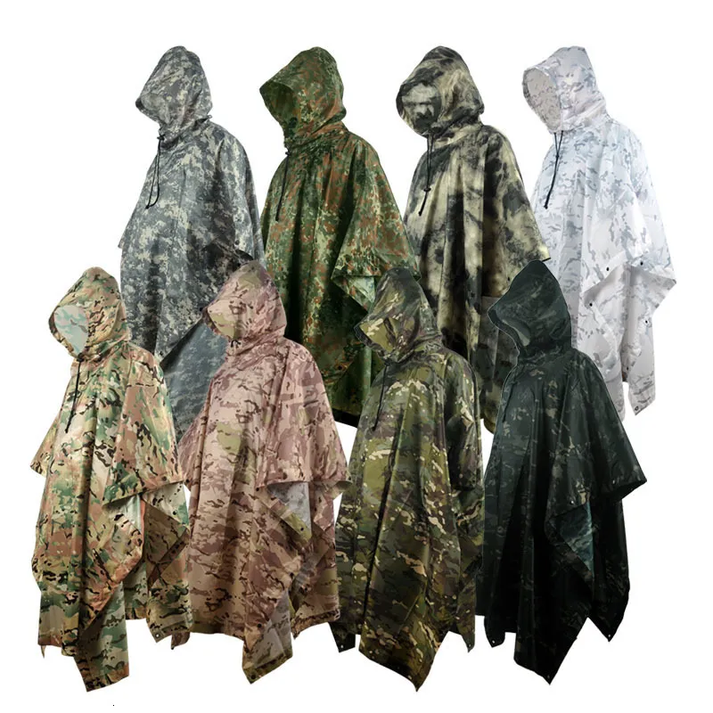 Vêtements de Pluie Imperméables Camouflage Imperméable Pliant pour la Randonnée Tactique Portable Poncho Hommes Imperméable Tourisme Packable Veste de Pluie Couverture Army RainWear 230329