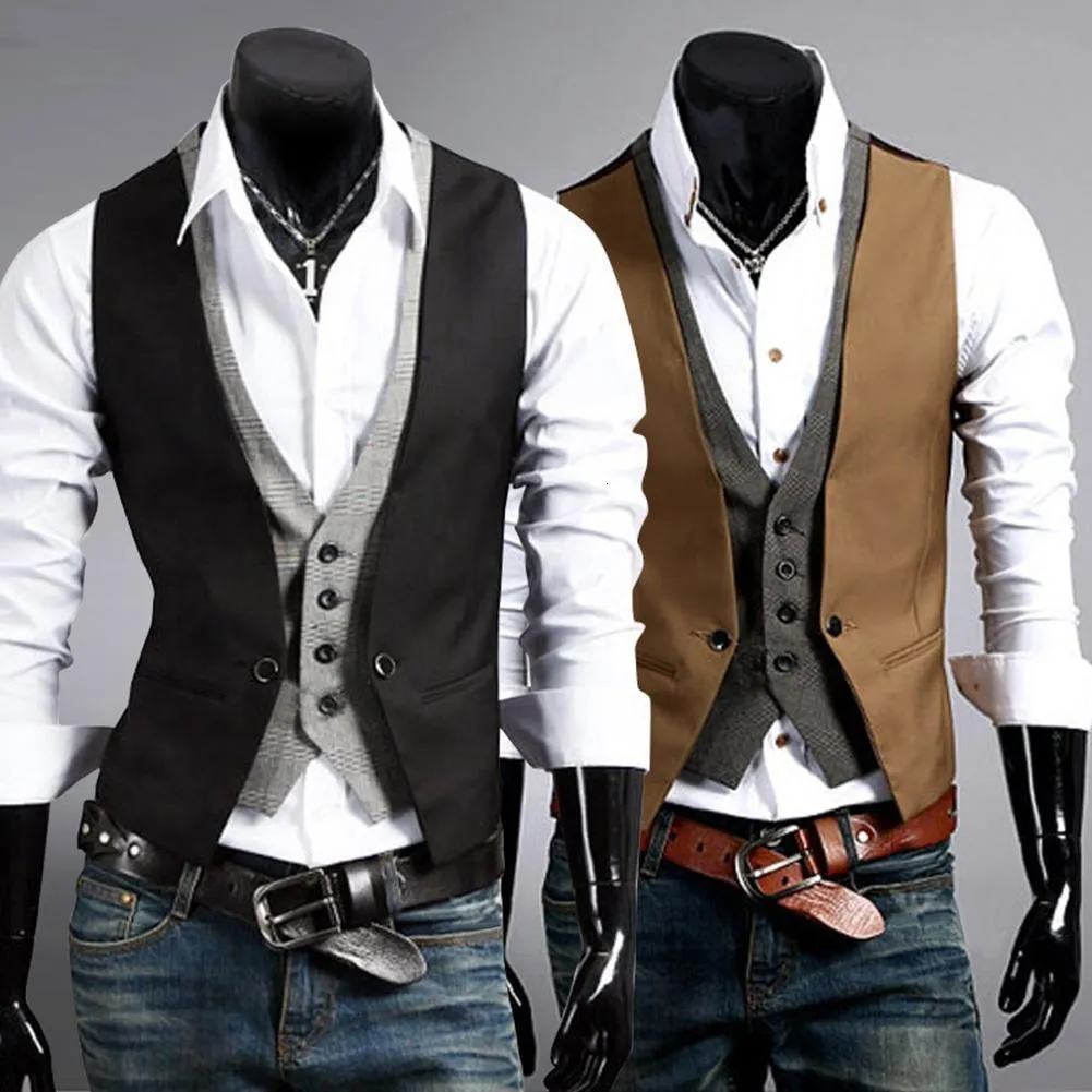 Mens Vests Men Formal Waistcoat Business Solid Color Single Button gilet Fake Twopieces V Neck Casual Slim chalecos para hombre 230329
