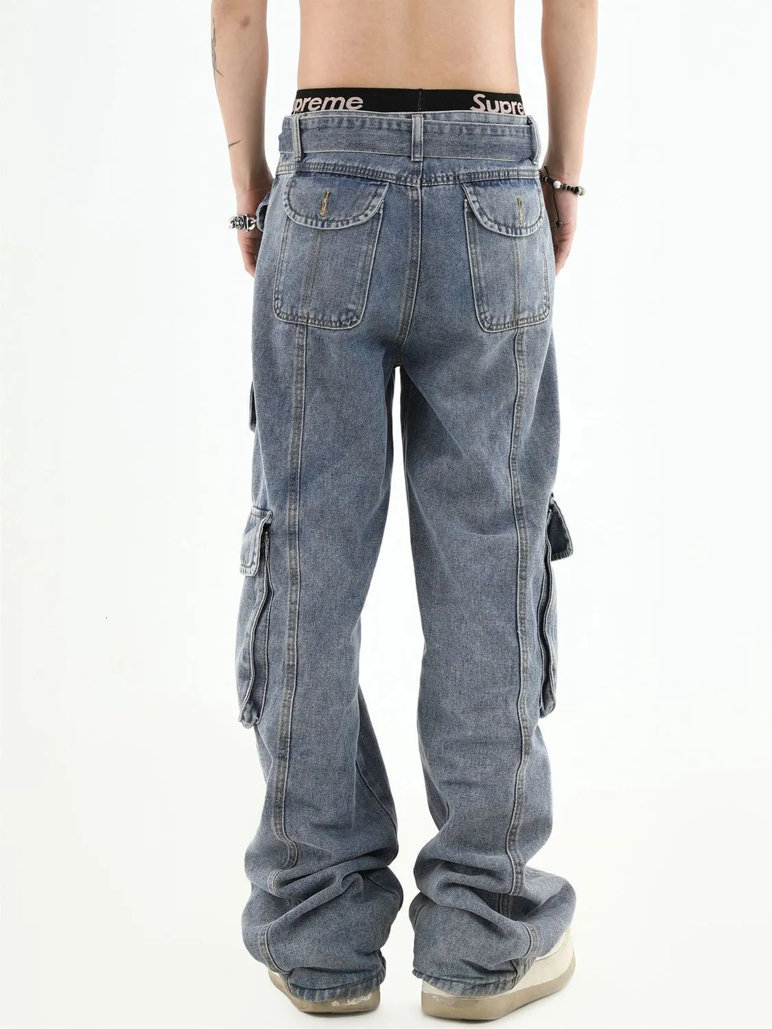 American Retro Mens High Waisted Oversized Jeans Men With Multi Pockets ...