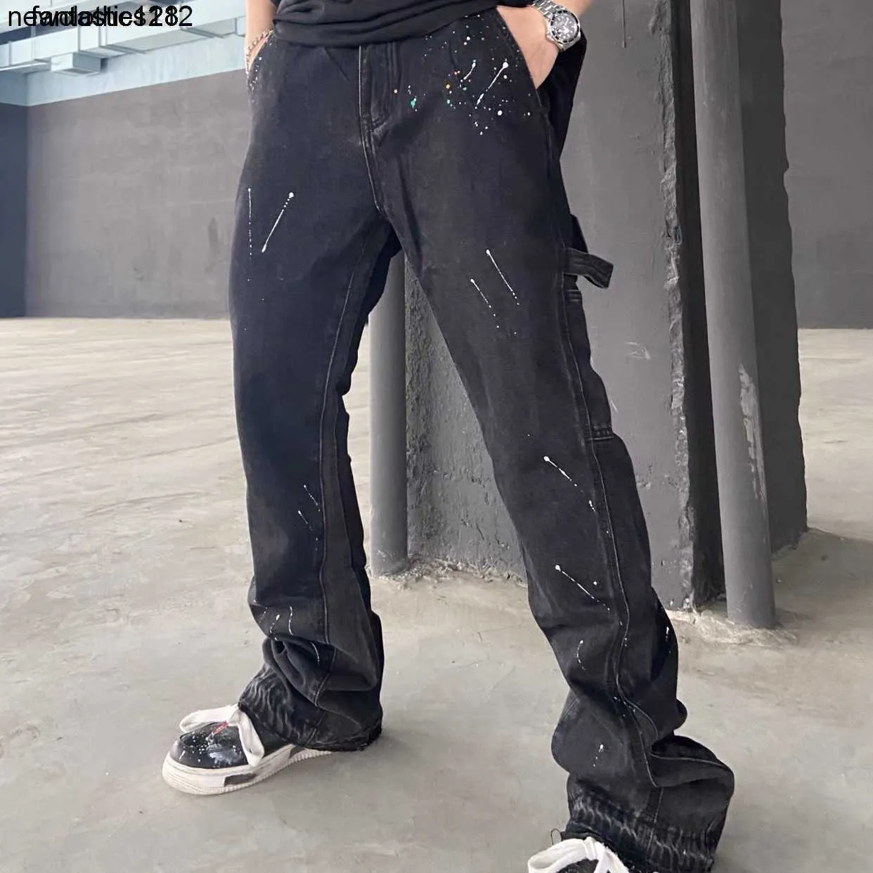 designer nieuwe wonmen mannen broek Galleryes splash graffiti zware industrie dept structuur splicing micro hoorn high street mist mode denim broek