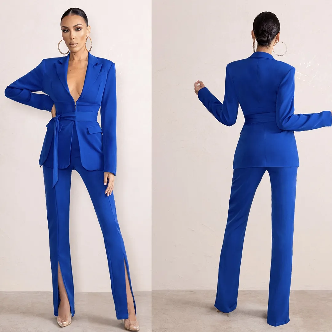 Pantaloni estivi per la madre della sposa, abiti da donna blu royal, blazer da sera formale per feste, pantaloni slim svasati, 2 pezzi