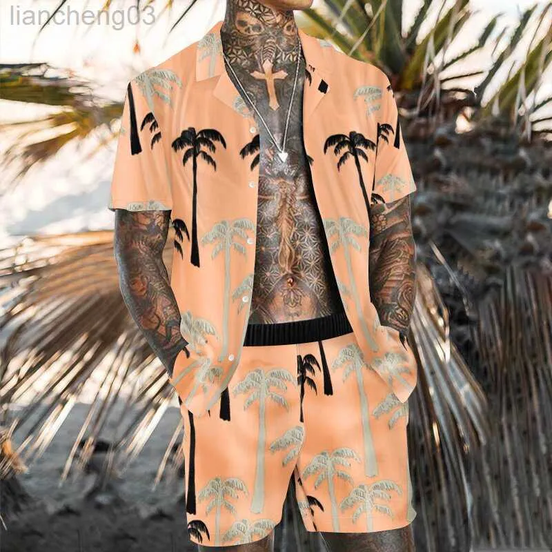 Tute da uomo New Trend Men Set hawaiani Summer Coconut Stampa Camicia a maniche corte con bottoni Pantaloncini da spiaggia Due set Casual Trip Mens 2 Piece Suit W0329