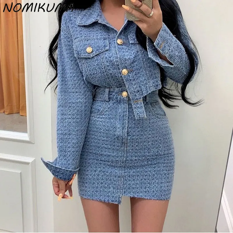 Zweiteiliges Kleid Nomikuma Demin 2Pieces Rock Sets Herbstmode Kurzmantel Hohe Taille Miniröcke Koreanische Frauen Jeans Outfits 6V321 230329