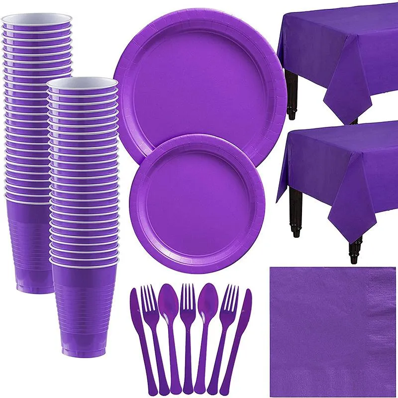 Stoviglie usa e getta Colore viola Forniture per feste Set di stoviglie Tazze Piatti Tovaglioli Bambini Buon compleanno Decorazioni per bomboniere Anniversario