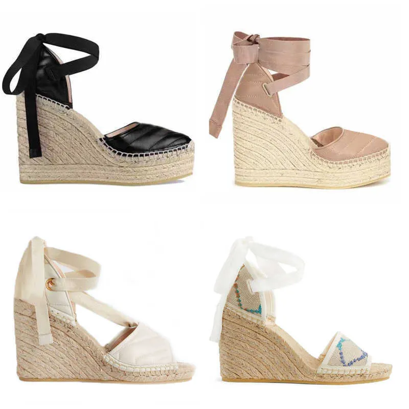 Designer Espadrille Sandals High Heels Slippers Straw Woven Sandal Fashion Wedge Heel Women Slides Summer Classic Open Toe Toe Dress Shoe With Box NO037