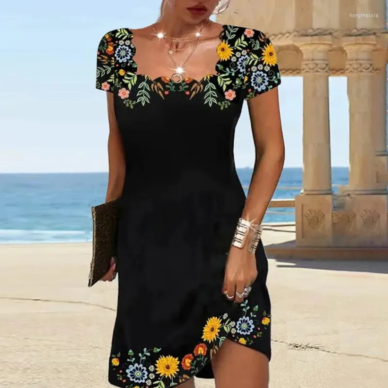 Casual Kleider Sommer Frauen Kleid 2023 Druck Kurzarm Elegantes Blumenthema Gedruckt Weiblich Modisch Knielang