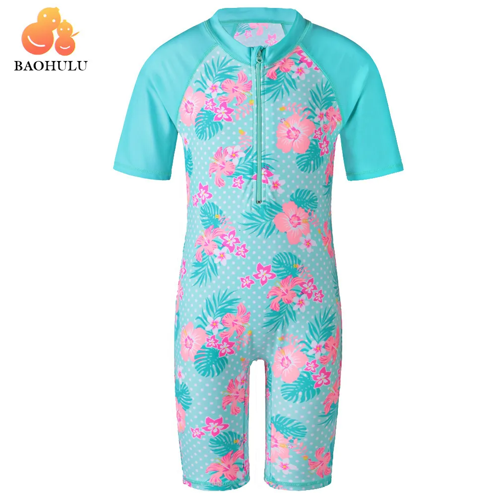 OnePieces BAOHULU Cyan Flower Baby Swimwear UV UPF50Integrated Childrens Swimwear 312 Year Childrens Swimwear Beach Suit 230329