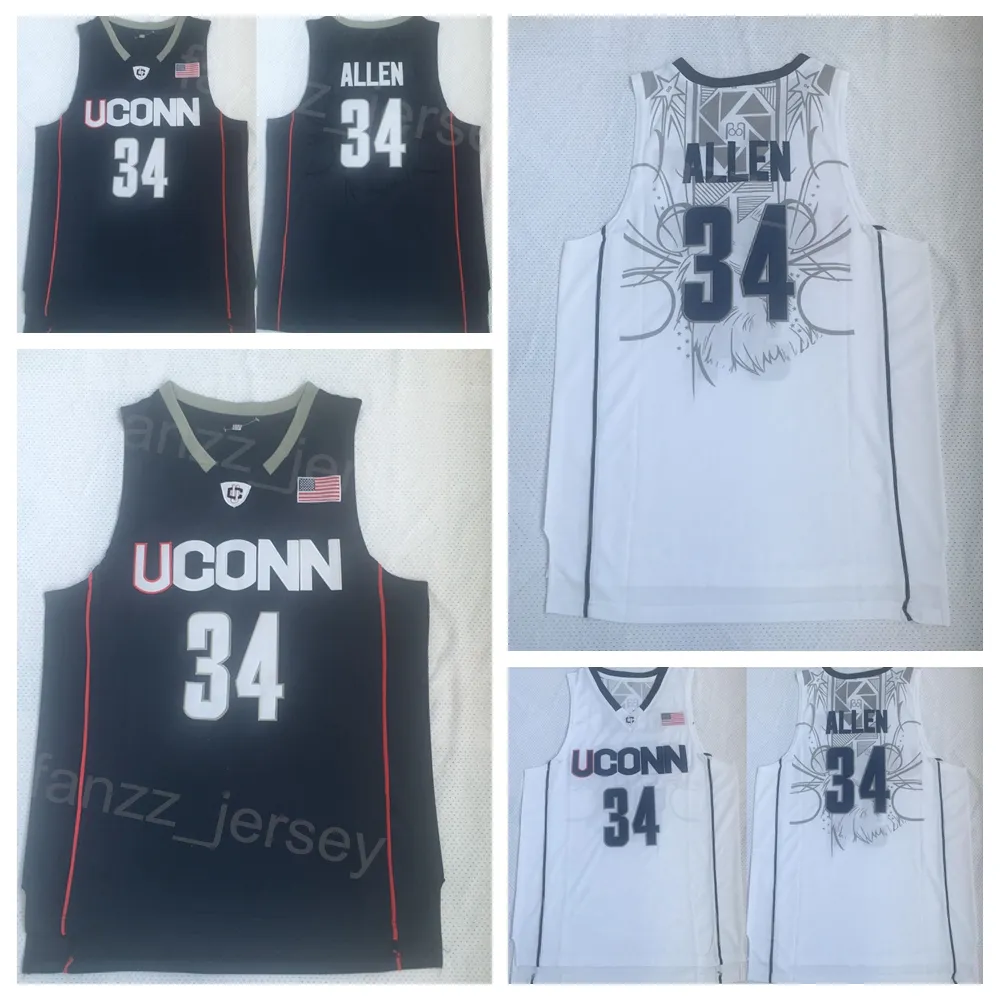 UConn Huskies College Basketball College Ray Allen Jersey 34 Men University Team Navy Blue White Color لعشاق الرياضة قميص القطن الخالص.