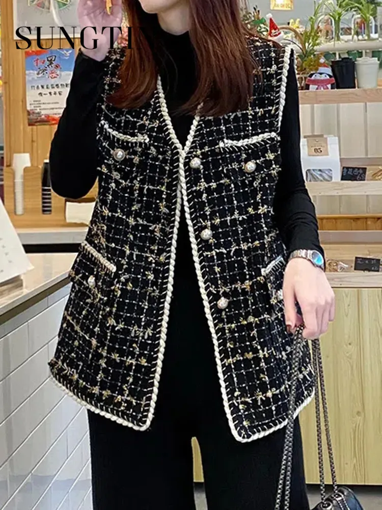 Gilets pour femmes Sungtin Retro Débardeur en tweed pour femmes Noir Col en V Veste sans manches à poitrine simple Automne Hiver Bureau coréen Veste à la taille pour femmes 230329