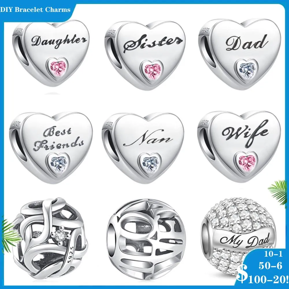 925 Siver Koraliki Charms for Charm Bracelets Designer for Women Family żona miłość Dangle Charm