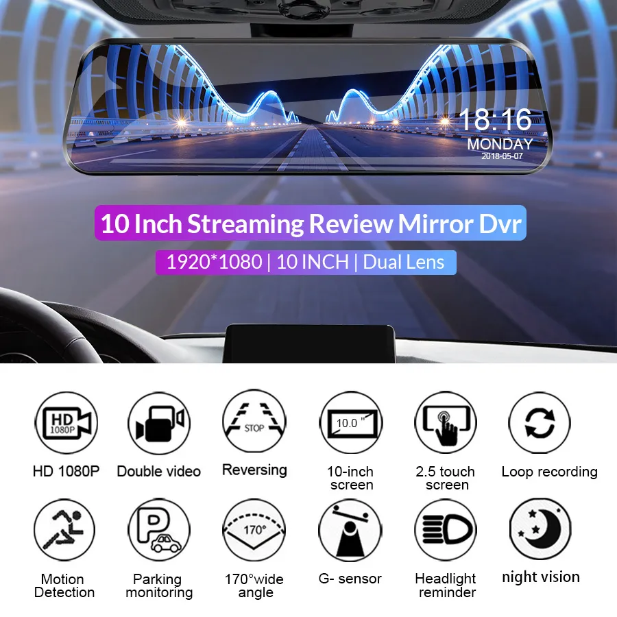 Comprar E-ACE espejo DVR para coche de 10 pulgadas FHD 1080P cámara de  salpicadero grabadora de vídeo cámara de coche lente Dual retrovisor  automático con cámara de visión trasera