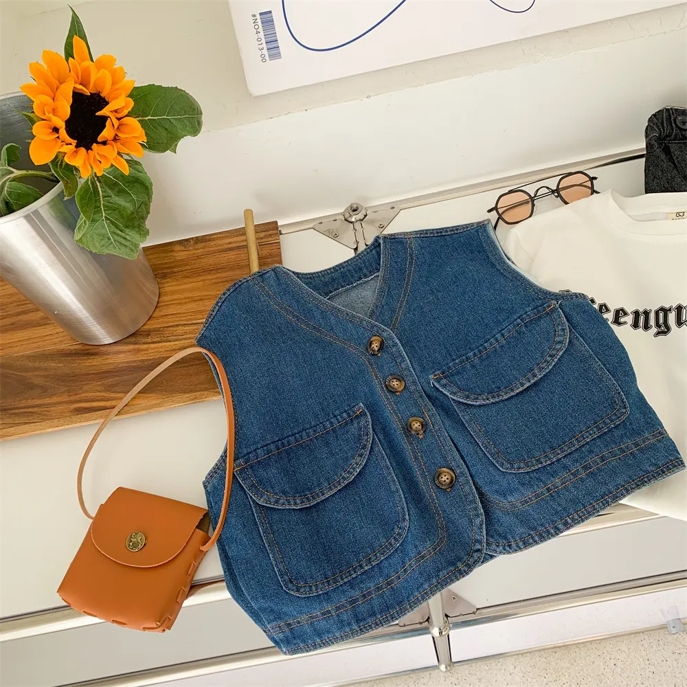 Yelek denim ceket yeleği kızlar için kızlar 2-7'den itibaren bebek çocuklar kıyafetleri bahar sonbahar kot pantolon en iyi çocuk moda ceket 230329