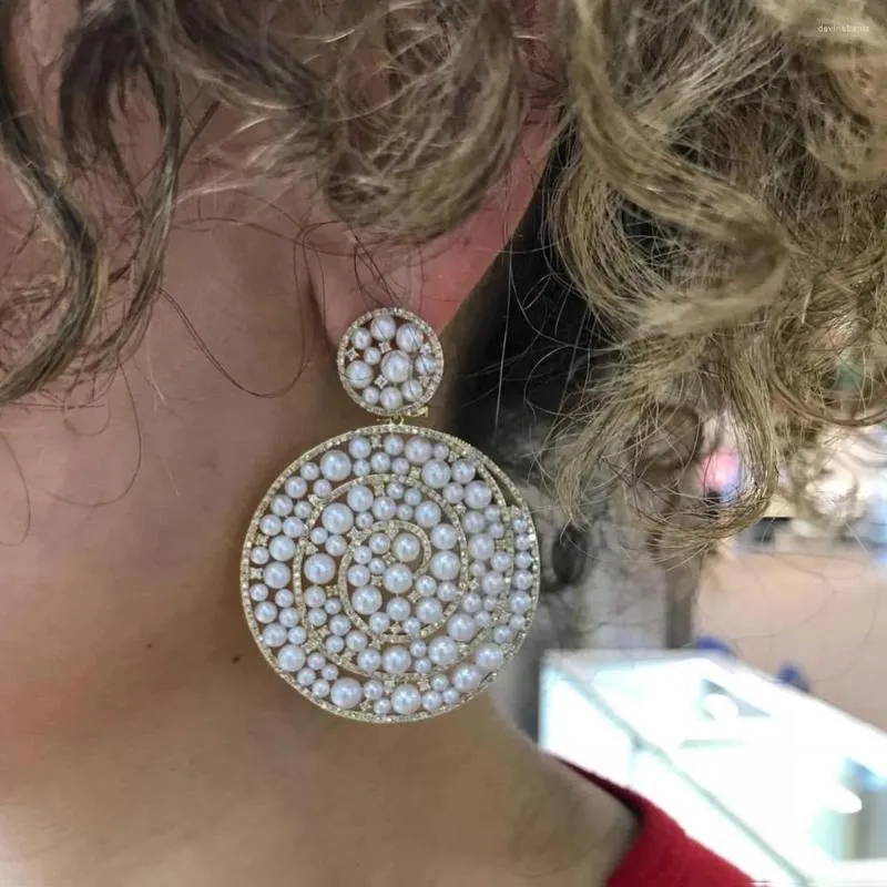 Boucles d'oreilles pendantes 2023 breloques perles d'imitation déclaration pour les femmes luxe plein Zircon cubique mariage mariée DUBAI bijoux