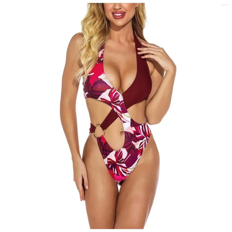 Women's Swimwear Printed Bikini Bodysuits Women Brazilian Halter Ring Link Cut Out Push Up Sexy Beachwear Summer One Piece Bathing Suit