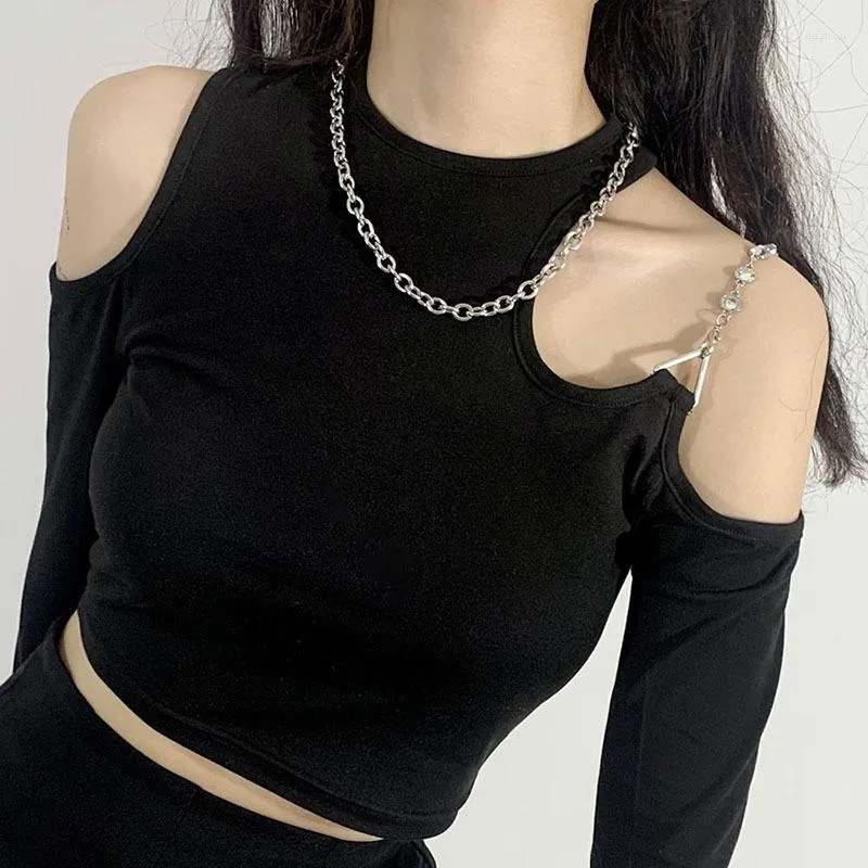 Women's T Shirts Sexig Slim Off-the-Shoulder Långärmad rund hals kort t-shirt kvinnlig 2023 Trend Spring Street Fashion Women's Black