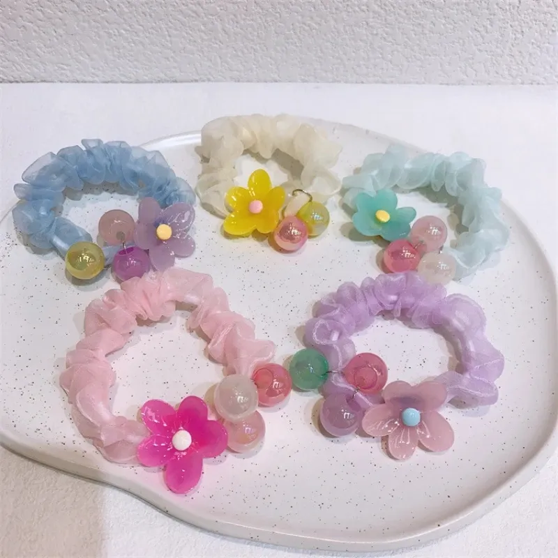 2023 Nieuw Korea Fashion Girl Princess Ponytail Hair Accessories Children's Zoete kleurrijke bloemen kralen Dunne darm haarring