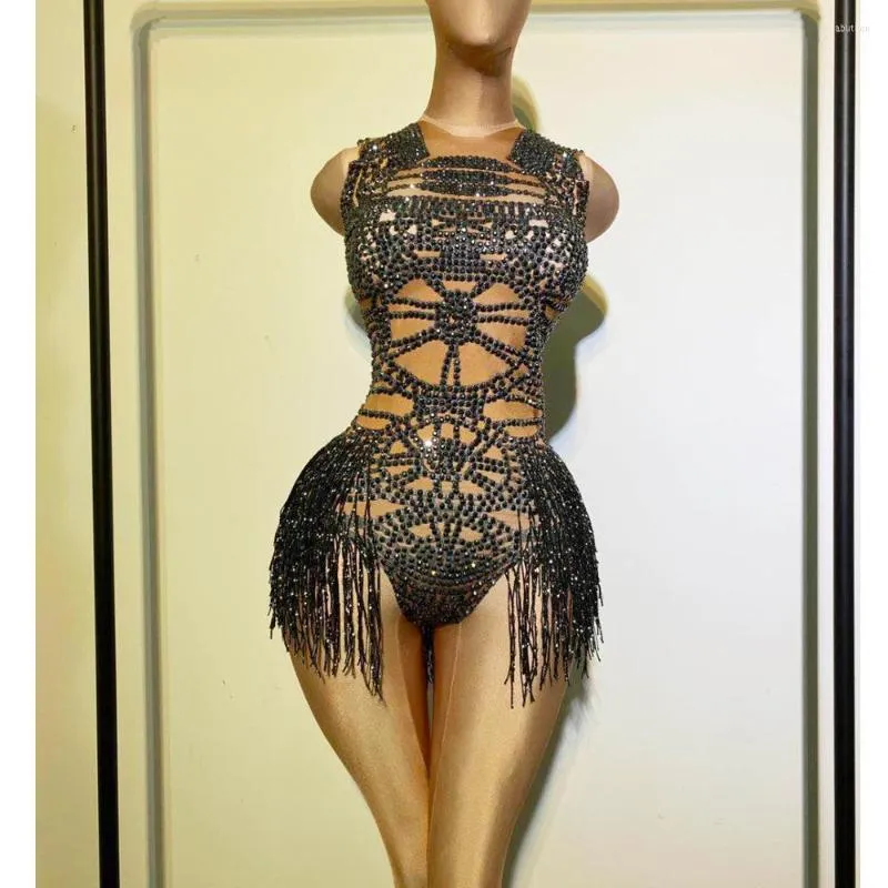 Stage Use Black Tassel Rhinestones Bodysuit Mulheres sem mangas