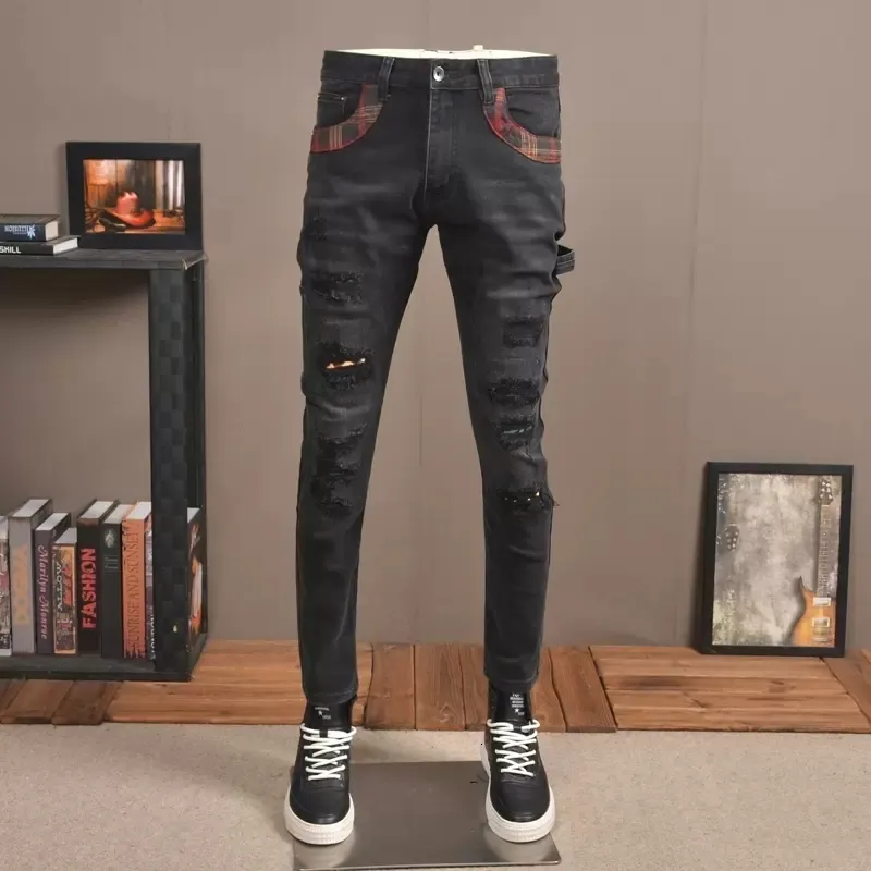 Jeans da uomo Streetwear Moda Uomo Jeans Retro Nero Grigio Stretch Slim Fit Jeans strappati distrutti Uomo Patched Designer Pantaloni Hip Hop Hombre 230329