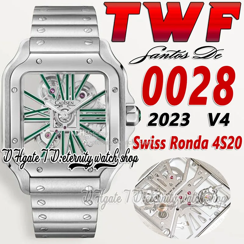 TWF V4 TW0028 Montre pour homme Suisse Ronda 4S20 Quartz Analogique Cadran squelette mécanique Marqueurs romains verts Interrupteur rapide Bracelet en acier 2023 Super Edition Montres d'éternité