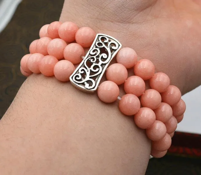 Strand Row Women's Natural 8mm Rhodochroit Pärlor Stretch Tibetan Silver Armband Beaded Strands