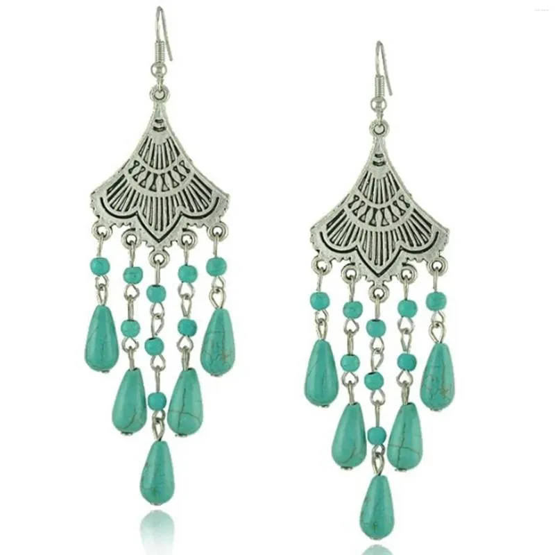 Dangle Boucles D'oreilles En Forme De Goutte Turquoise Gland Pendentif Long Pour Les Femmes Antique Bohème Ethnique Gypsy Tribal Bijoux