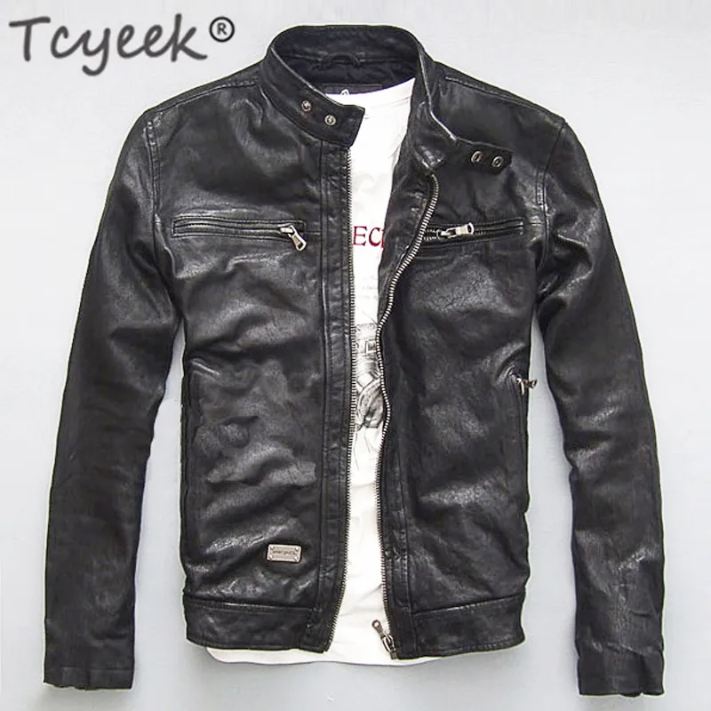 Cuir Pour Hommes Faux Cuir Tcyeek Veste En Cuir Véritable Pour Hommes Véritable Chèvre Noir Marron Bomber Veste De Moto Printemps Automne Vêtements Pour Hommes L1 230329