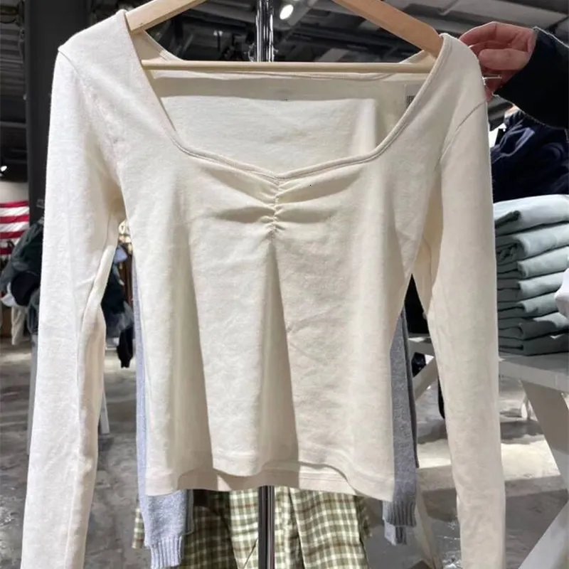 Damen T-Shirt Vintage Weiß Slim Langarm T-Shirt Sexy Quadratischer Kragen Falten Kurzes T-Shirt Weiblicher Herbst Süßes Chic Baumwolle Tops 230328