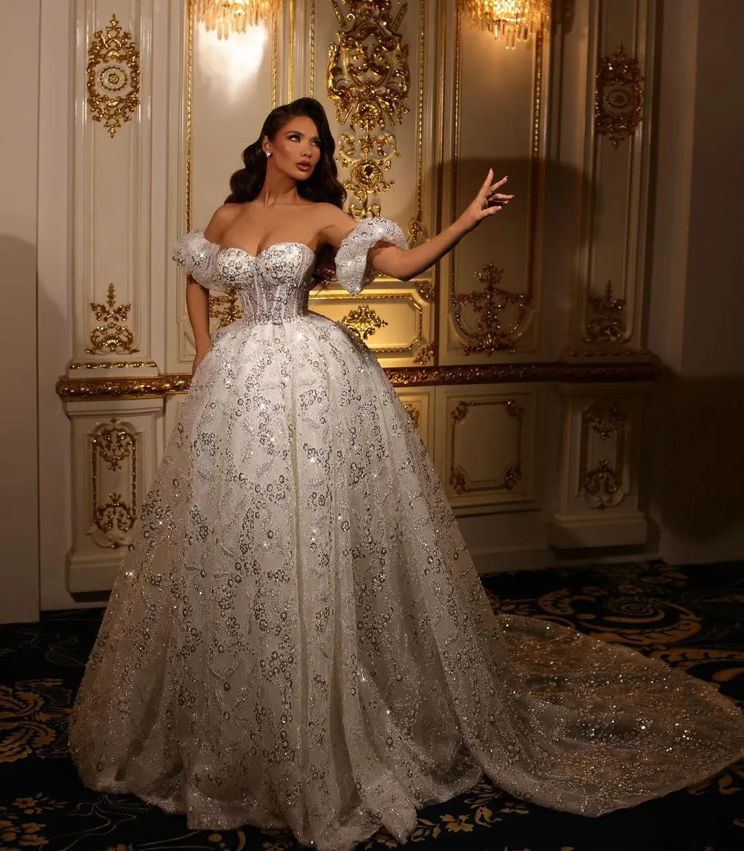 Sparkling Off-Shoulder Ruffle Satin Ball Gown Wedding Dress with Sequin Beadings