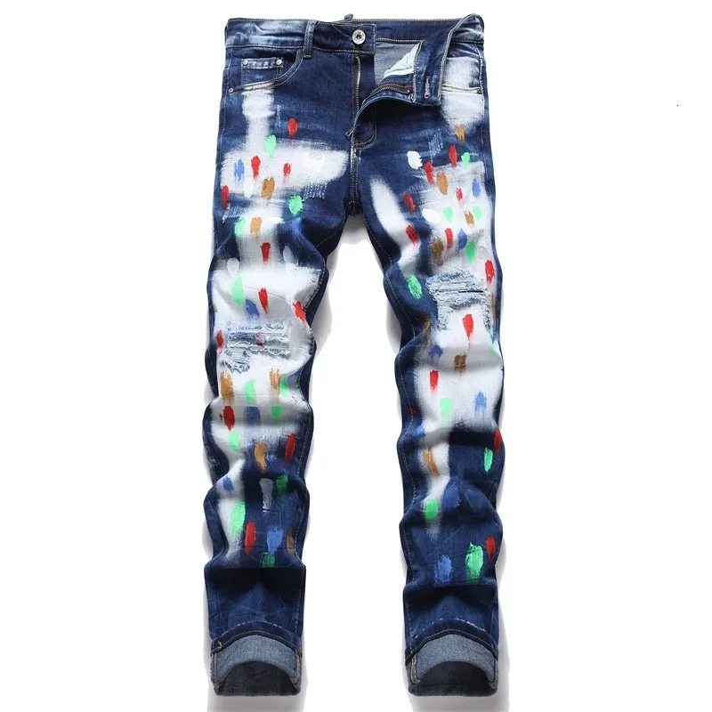 2023 Fashion Mens Slim Fit Paint Splatter Jeans With Colorful Paint And