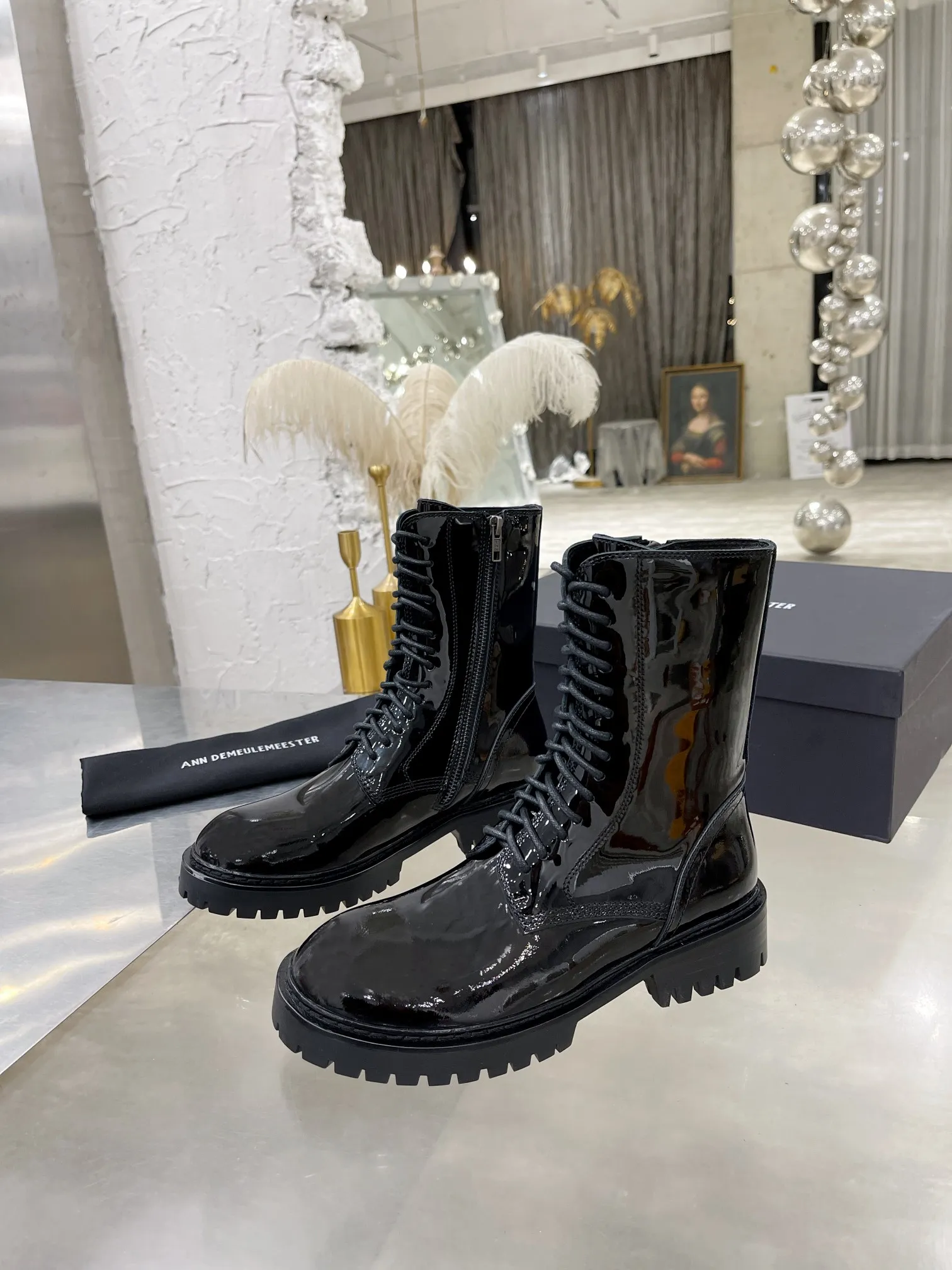 Women s Genuine Leather Lace up Ankle Combat Boots in Black by Ann Demeulemeester
